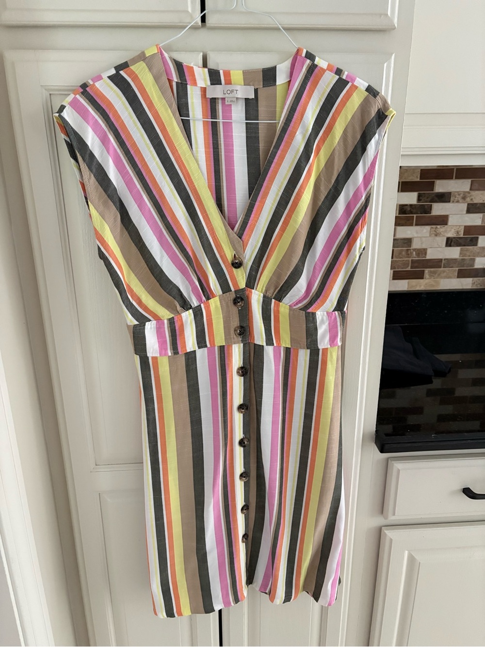 LOFT Striped V‑Neck Button Front Mini Dress in Pink, Yellow, Cream, Brown
